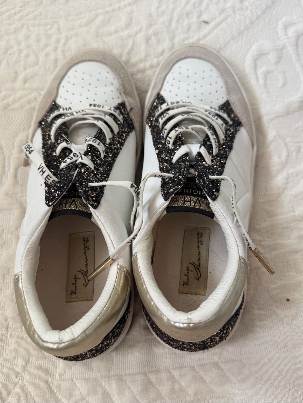 Vintage Havana White  Leather Sneakers with Black and Gold Glitter Accents
